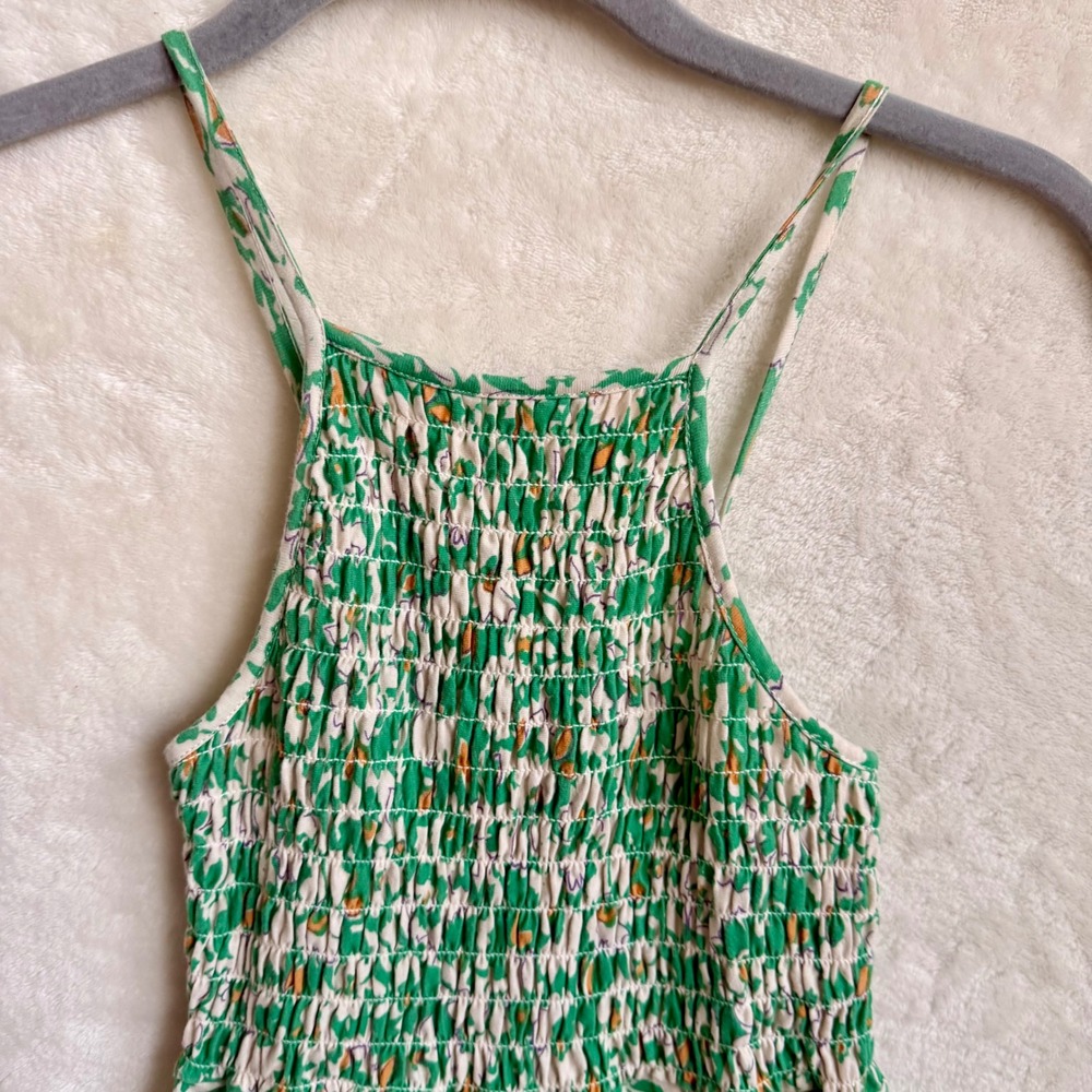 Zara Green Floral Smocked Cotton Wide Leg Spaghetti Strap Jumpsuit Girls Sz 8 - Picture 2 of 8